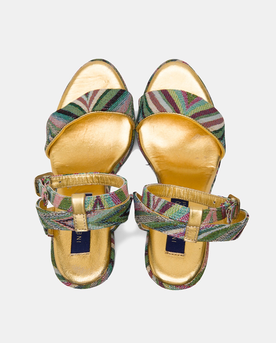 Sandálias de Cunha Casares em Tecido com Pulseira no Tornozelo Multicolor-4