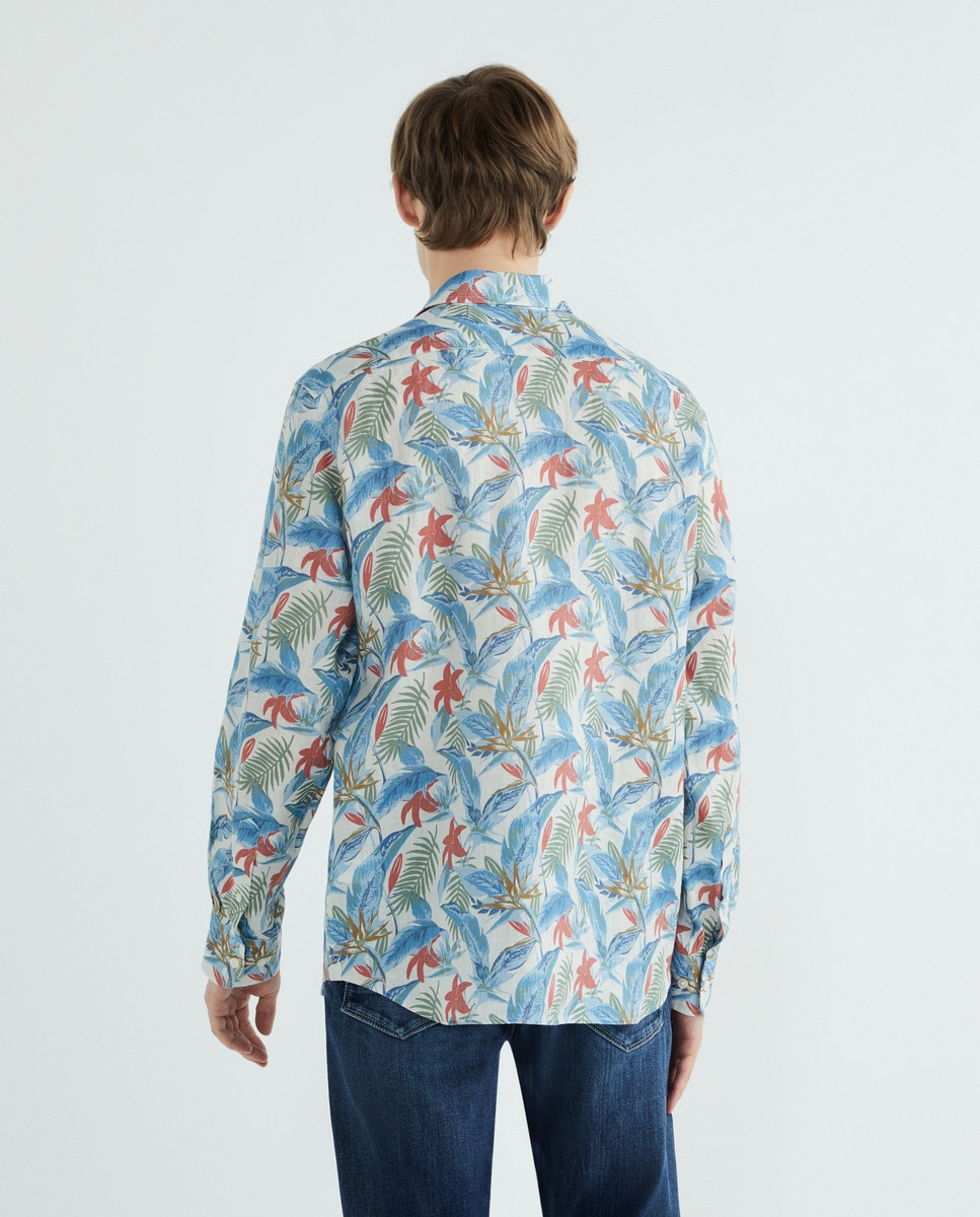 Camisa Classic Fit com Estampado Tropical e em Linho Multicolor-3