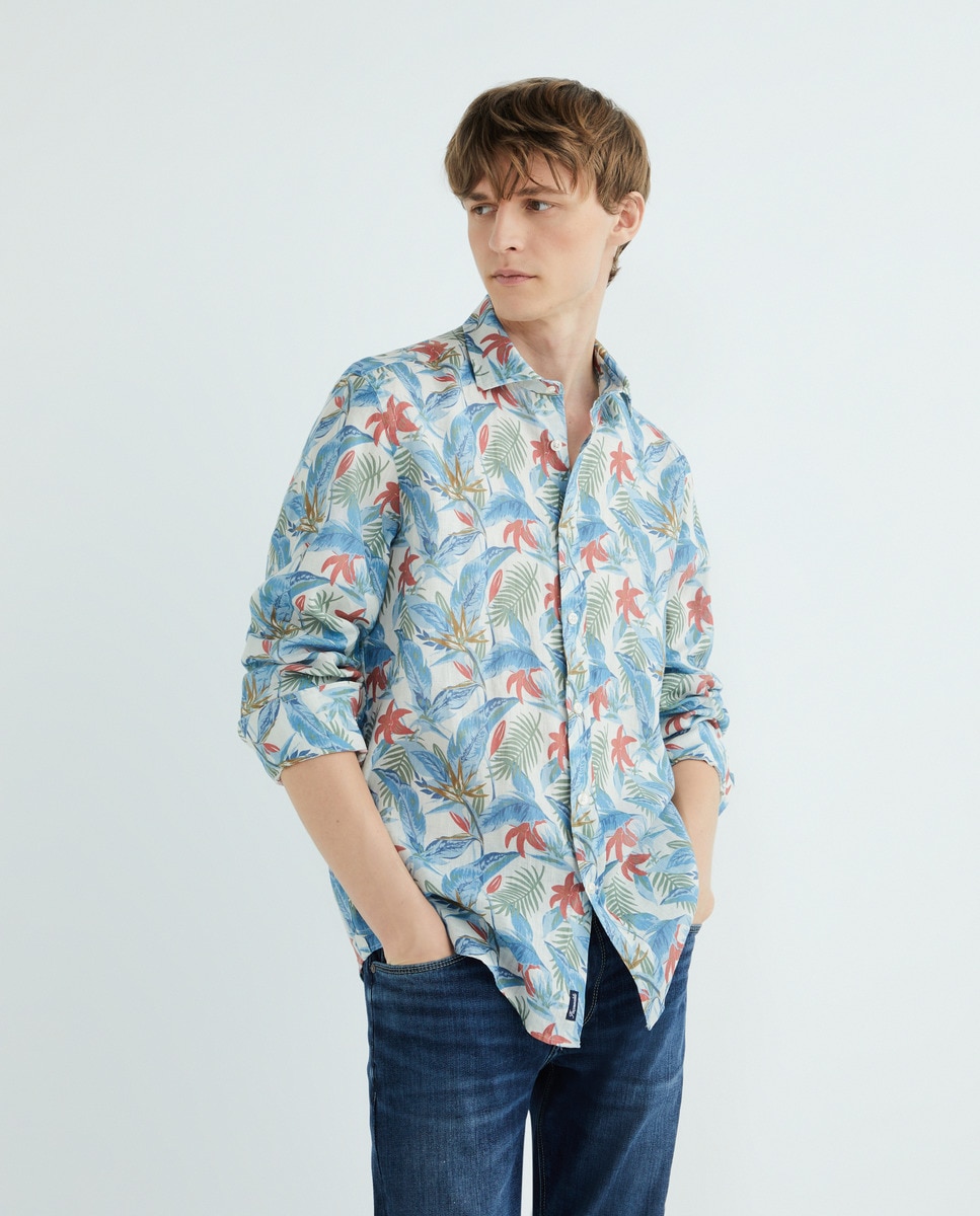 Camisa Classic Fit com Estampado Tropical e em Linho Multicolor-2