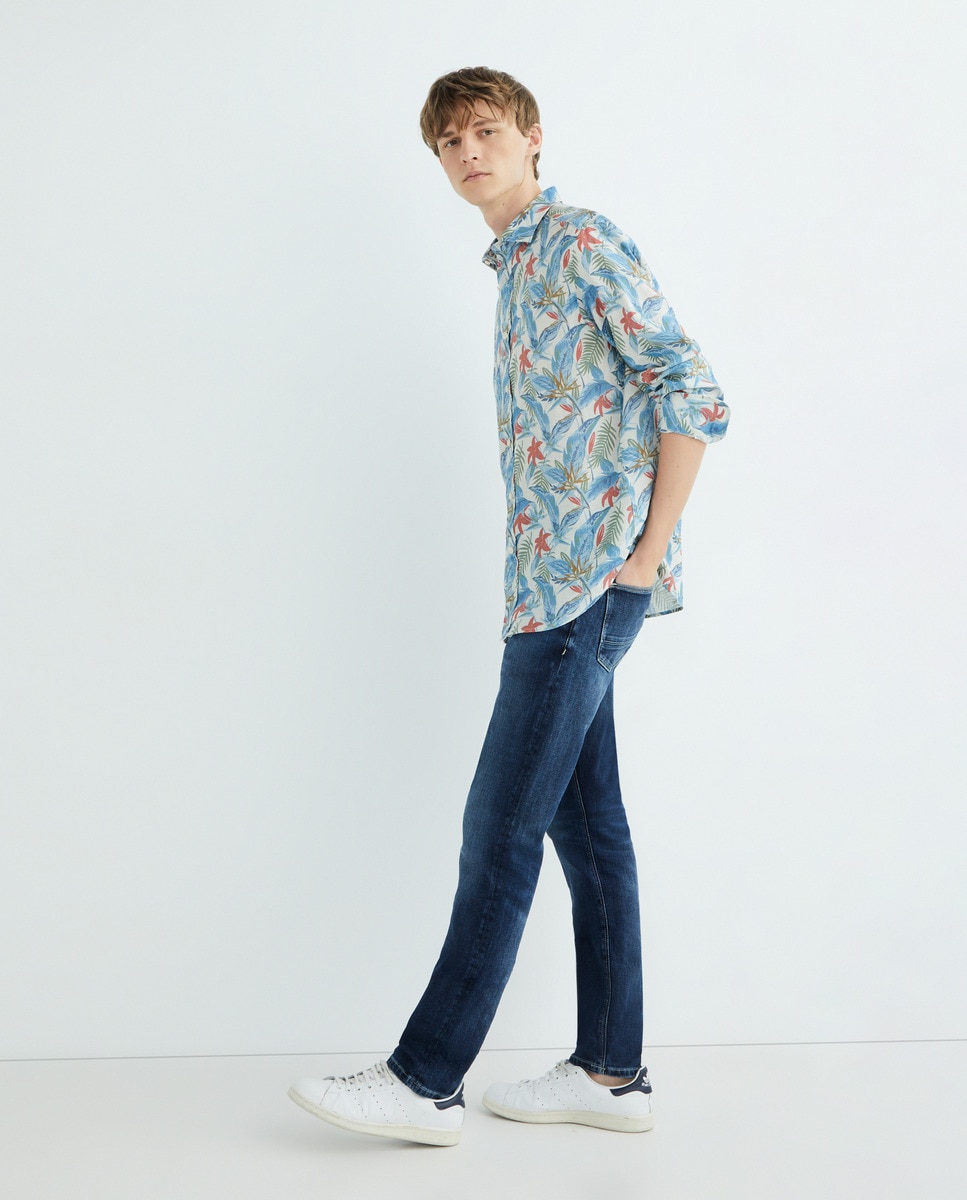 Camisa Classic Fit com Estampado Tropical e em Linho Multicolor-1