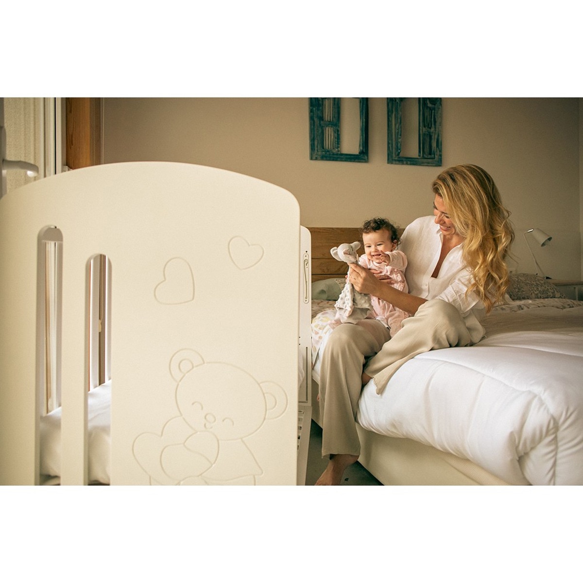 Cuna Interbaby Lovely Premium con lateral abatible Colecho Osito blanco Blanco-5