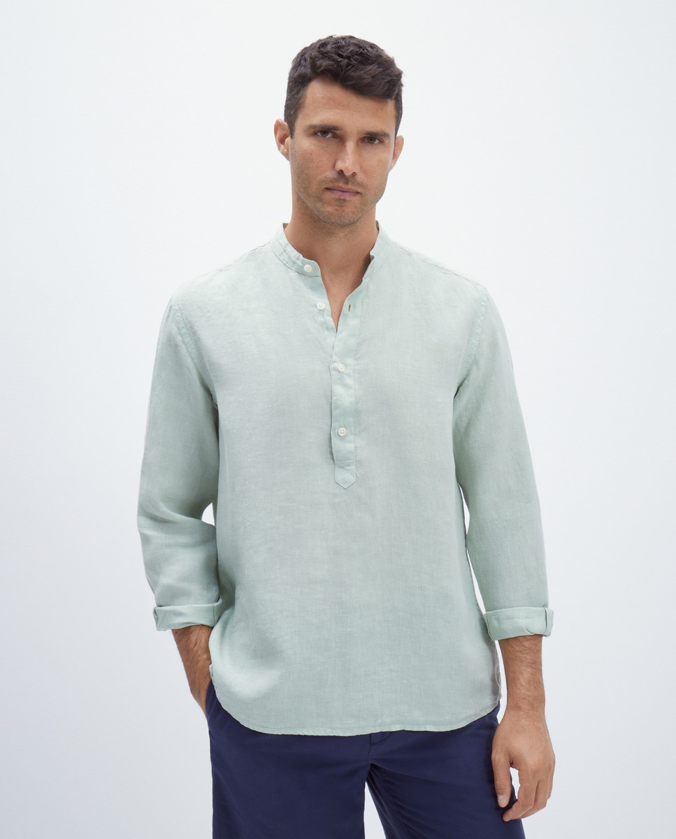Camisa Casual 100% Linho Classic Fit Verde-claro-1