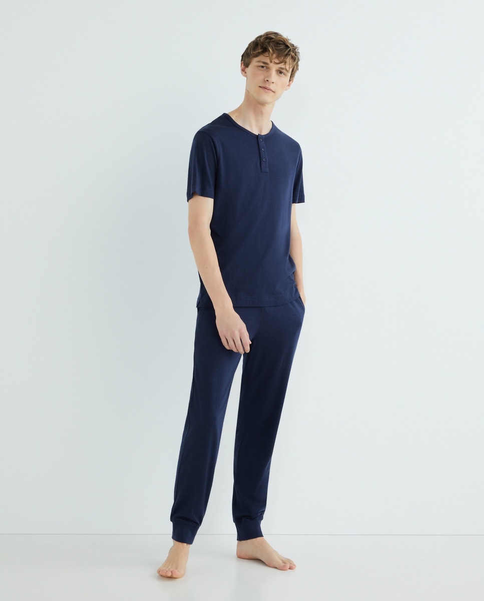 T-shirt Loungewear de Manga Curta com Gola com Botões e em Modal-Algodão Azul-2
