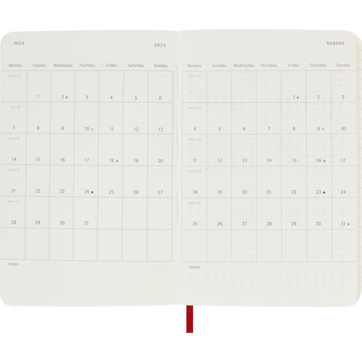Agenda de bolso para 18 meses julho de 2024 a dezembro de 2025 vista semanal brochura Moleskine vermelho escarlate em inglês Vermelho-5