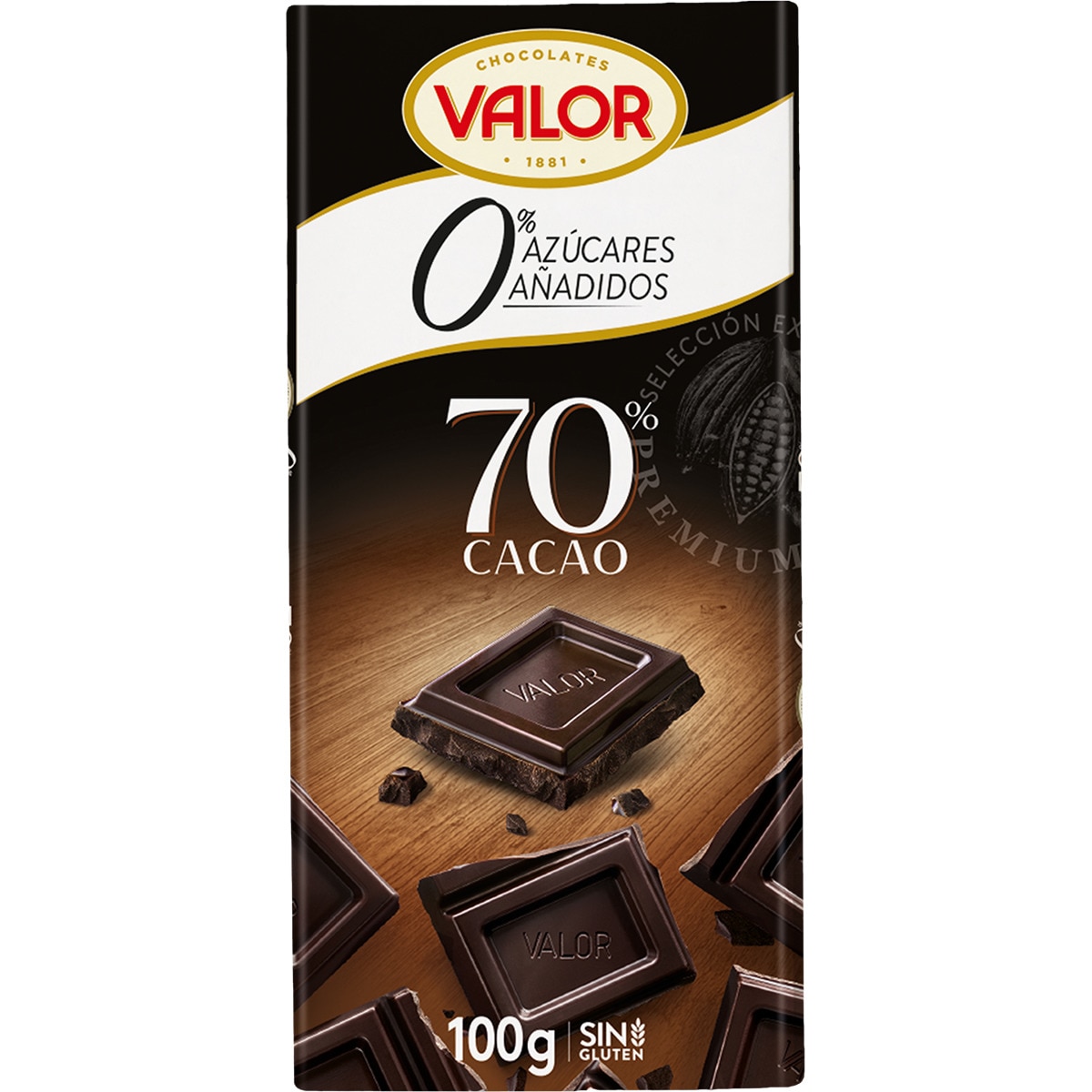 chocolate negro 70% cacao 0% azúcares añadidos y sin gluten tableta 100 g