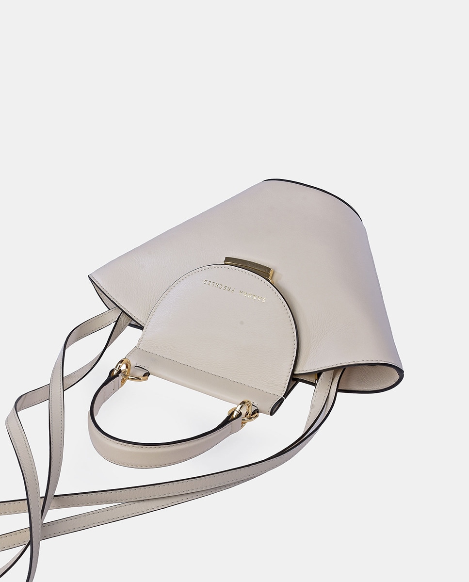Mala Crossbody com Alça de Mão, Aba e em Pele - Cor de Osso Bege-3