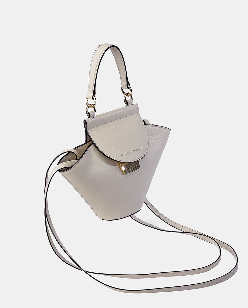 Mala Crossbody com Alça de Mão, Aba e em Pele - Cor de Osso Bege-2