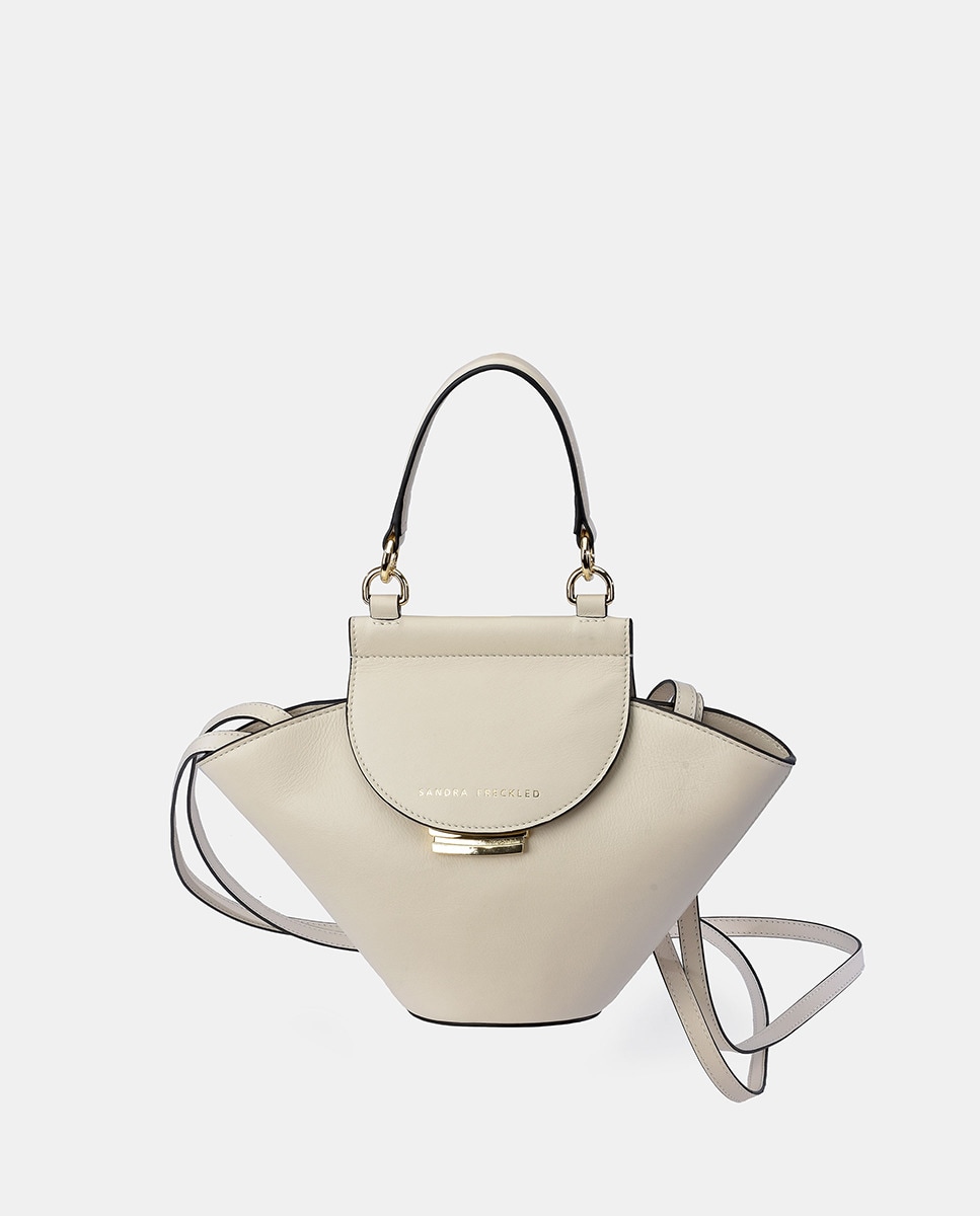 Mala Crossbody com Alça de Mão, Aba e em Pele - Cor de Osso Bege-1