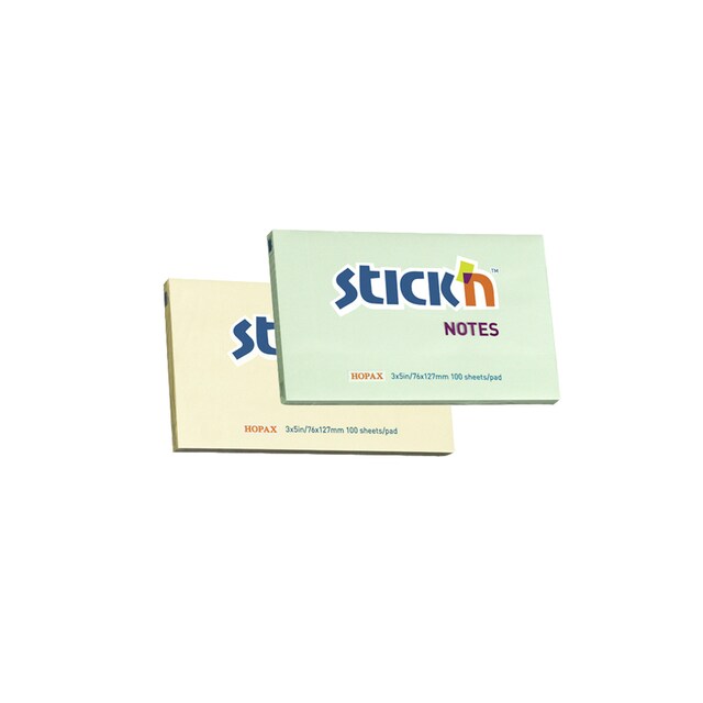 Imagen 0 de Pack de 2 tacos de notas adhesivas 76x127mm Stick´n color amarillo y verde pastel.