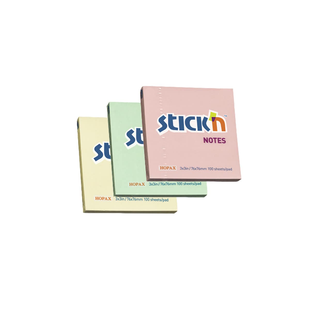 Pack de 3 tacos de notas adhesivas  76x76mm Stick´n color amarillo, verde y rosa pastel. Multicolor-1