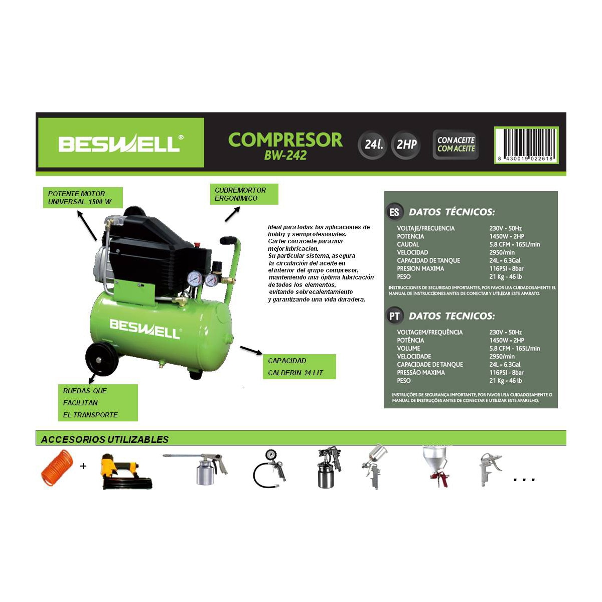Compresor de Aire Eléctrico con cable a red 2 HP 24 litros CA-BW242D Verde-2