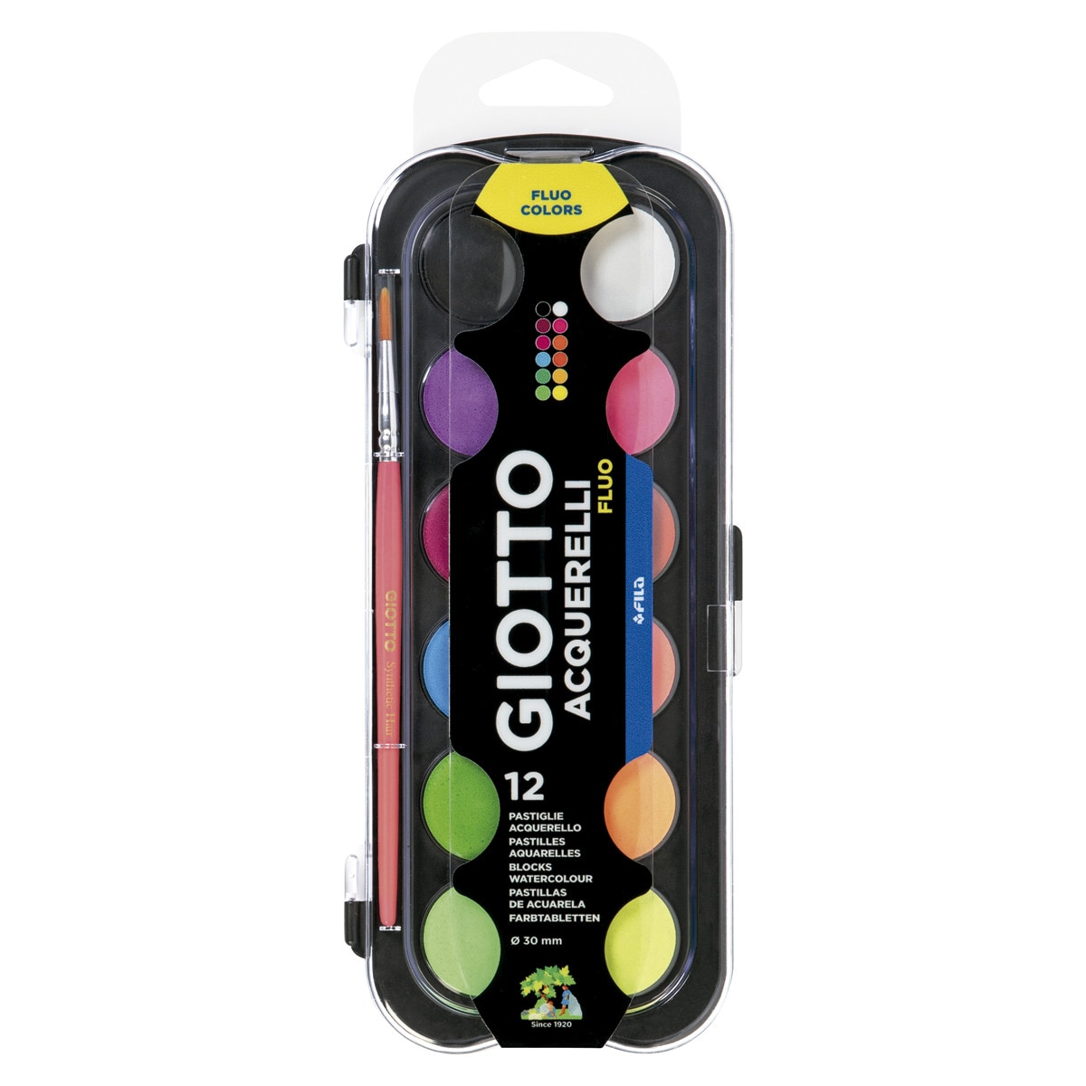 Conjunto de aguarelas Fluo 30mm 12 unidades + pincel Giotto Multicolor-1