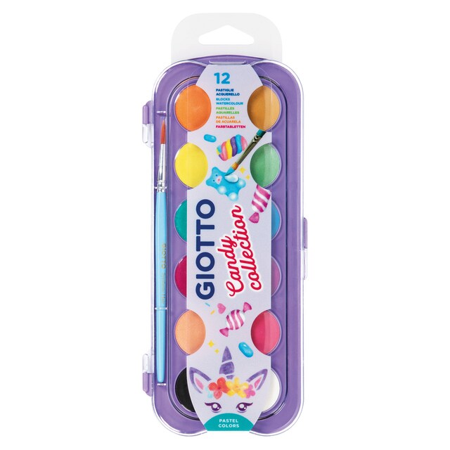 Imagen 0 de Estuche de acuarelas 30mm 12 unidades + pincel Candy Collection Giotto, colores pastel