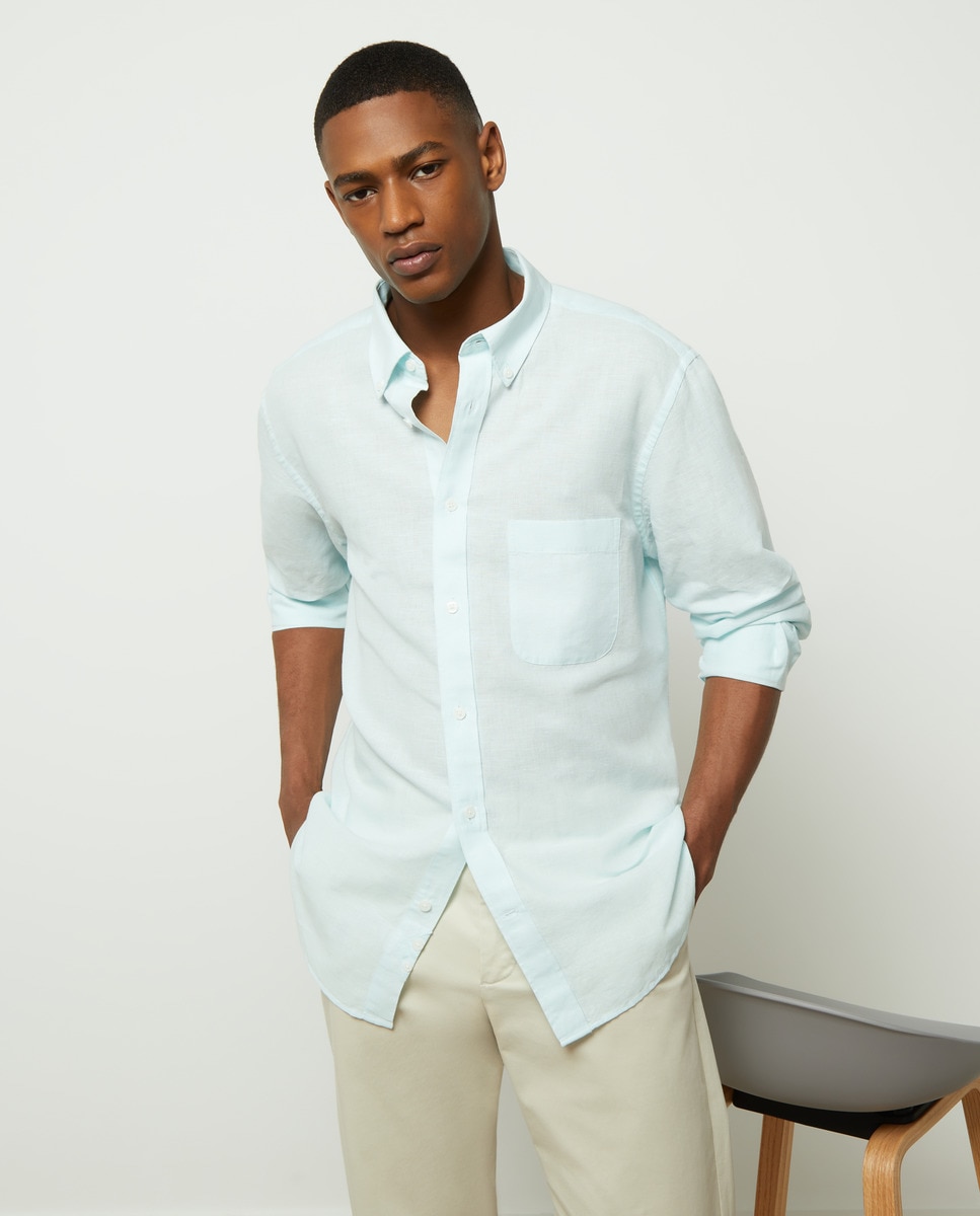 Camisa Clássica de Linho e Algodão Verde Água-1