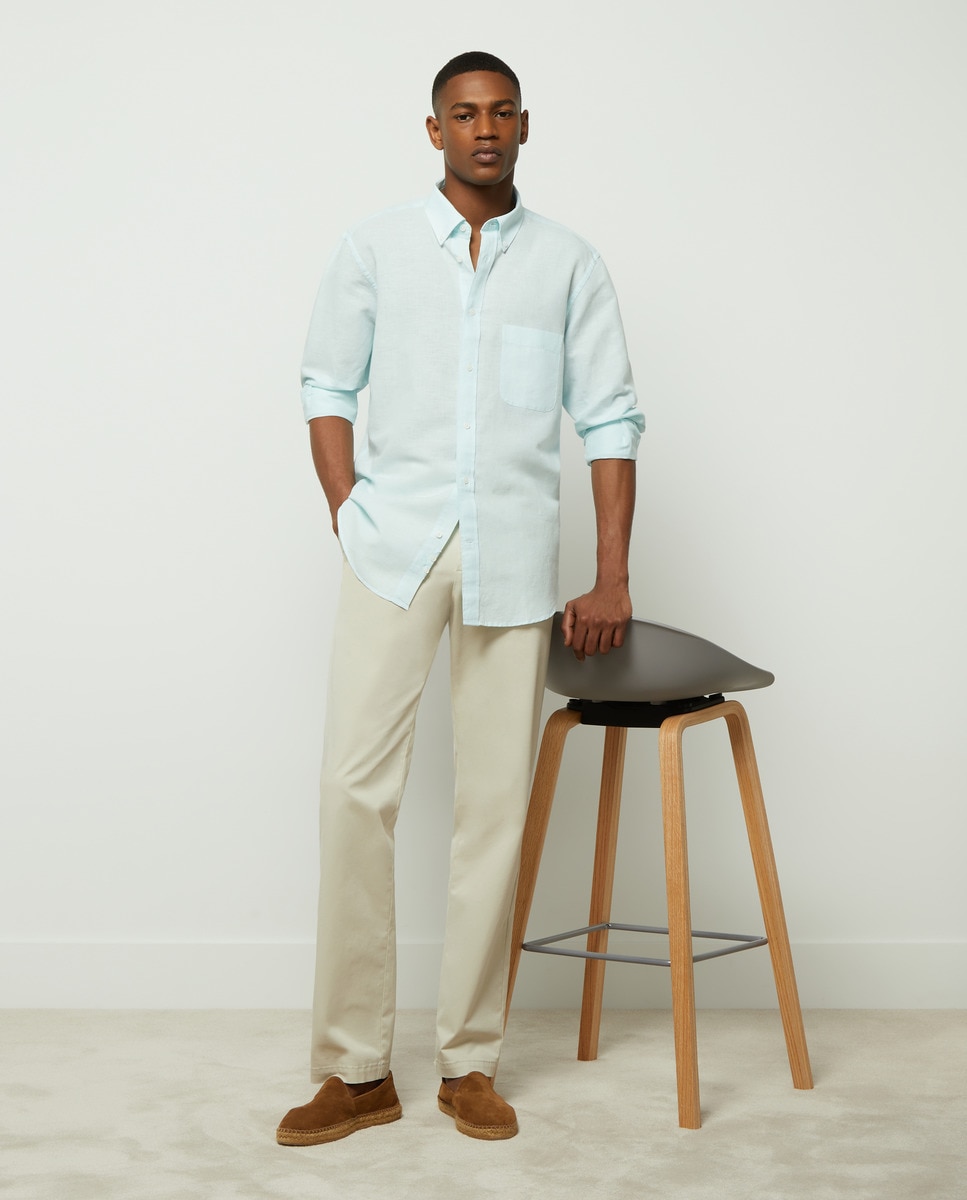 Camisa Clássica de Linho e Algodão Verde Água-2