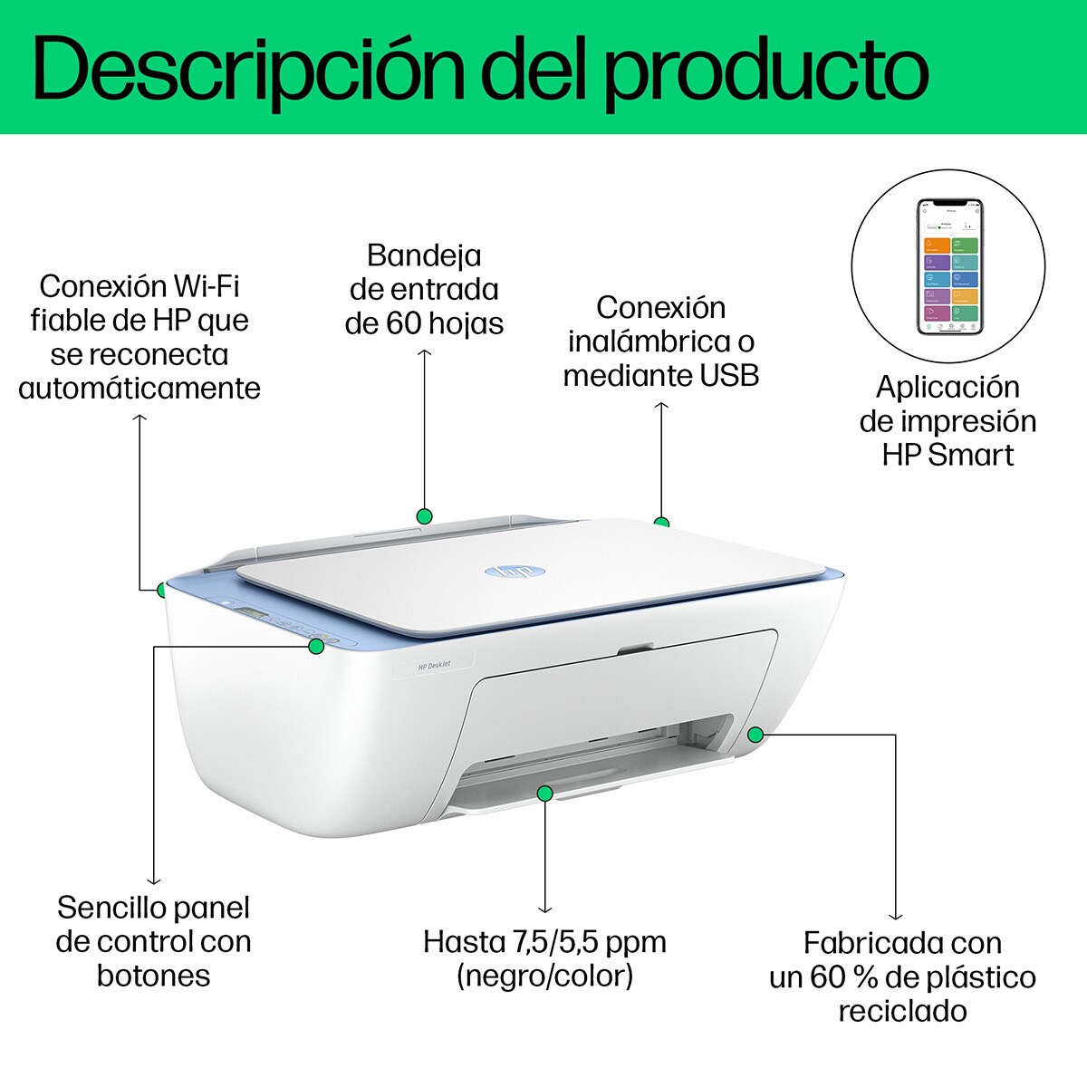 Impresora Multifunción HP Deskjet 2822e, WiFi, USB, color, compatible con Instant Ink Blanco / Azul-6