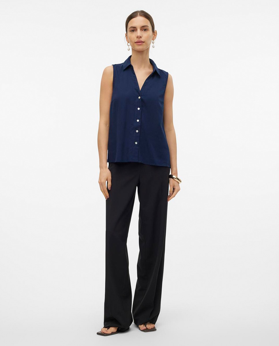 Blusa sem Mangas e com Corte de Camisa Azul-marinho-5