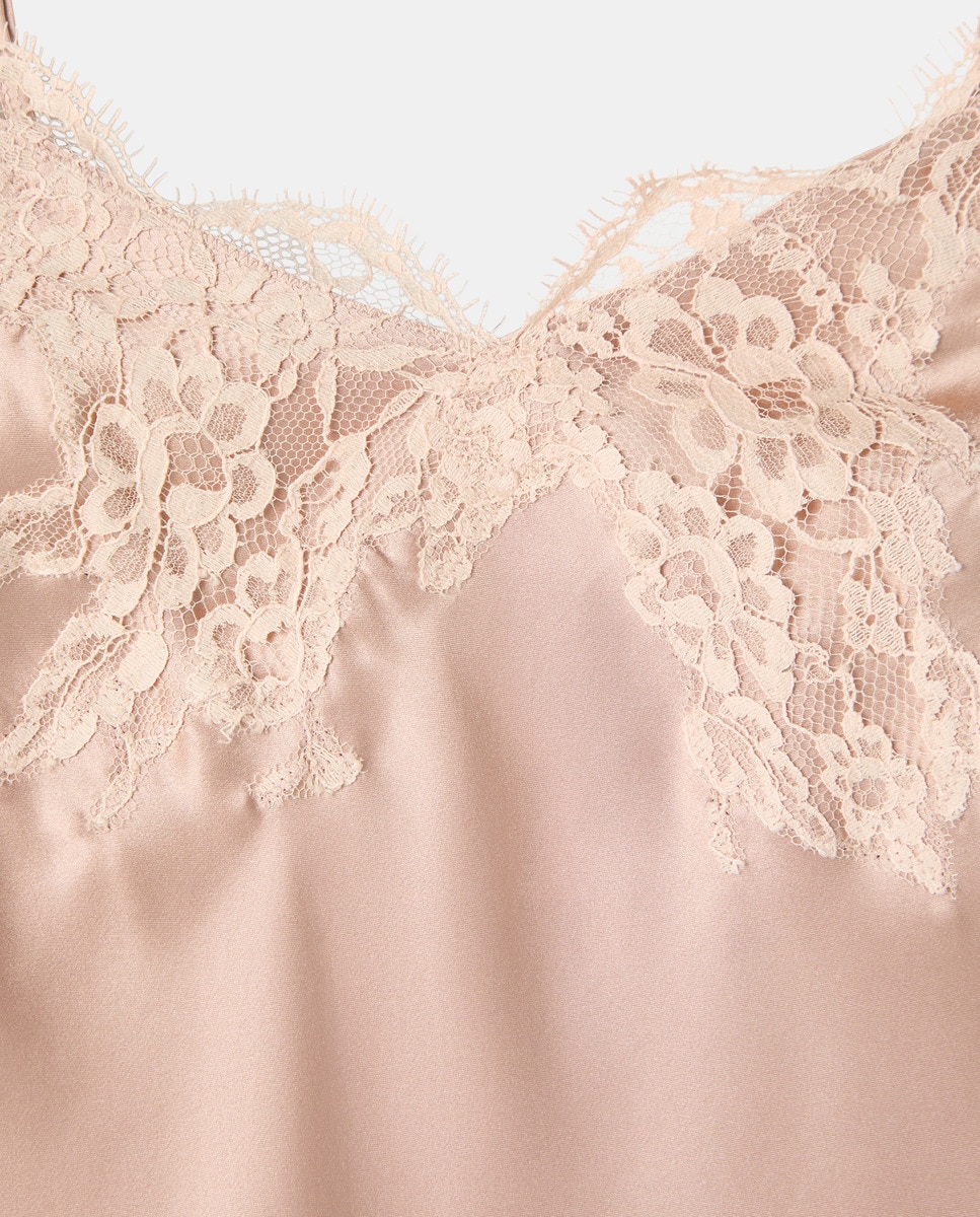 Camisa de dormir de seda com alças Bege-2