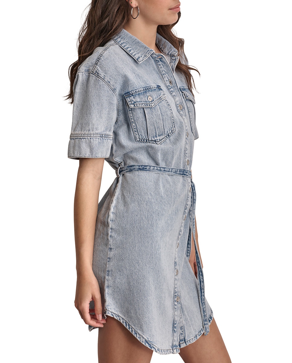 Vestido Curto de Ganga com Manga Curta Azul-claro-5