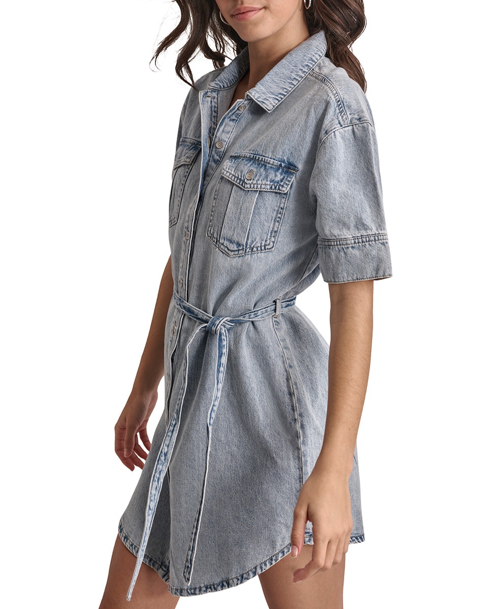 Vestido Curto de Ganga com Manga Curta Azul-claro-4