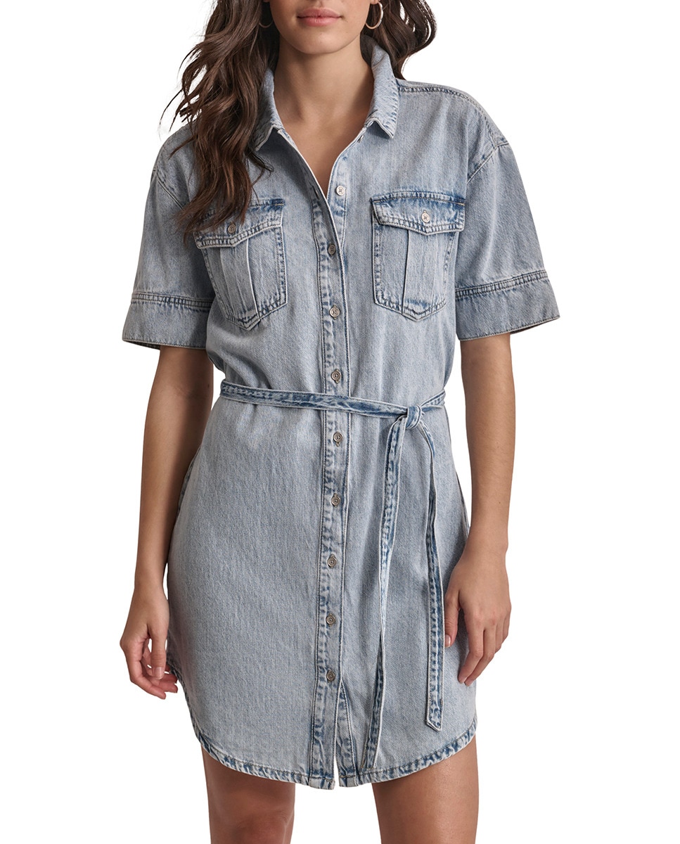 Vestido Curto de Ganga com Manga Curta Azul-claro-2