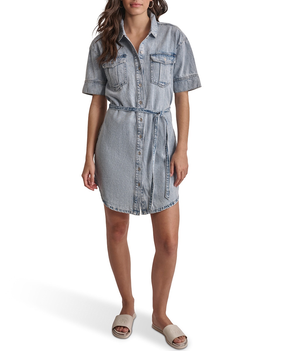 Imagem 0 de Vestido Curto de Ganga com Manga Curta