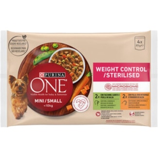 One Alimento Húmido para Cão Weight Control Sterilised sabor Peru e Frango 2x2 unidades embalagem 85 g - Purina