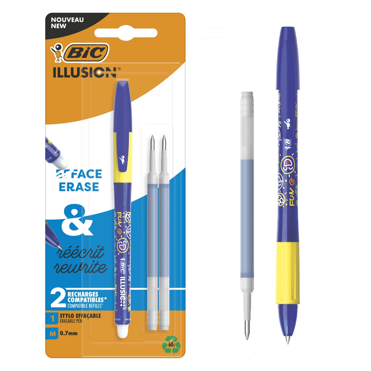 Bolígrafo borrable Illusion BIC azul con 2 recargas Azul-1