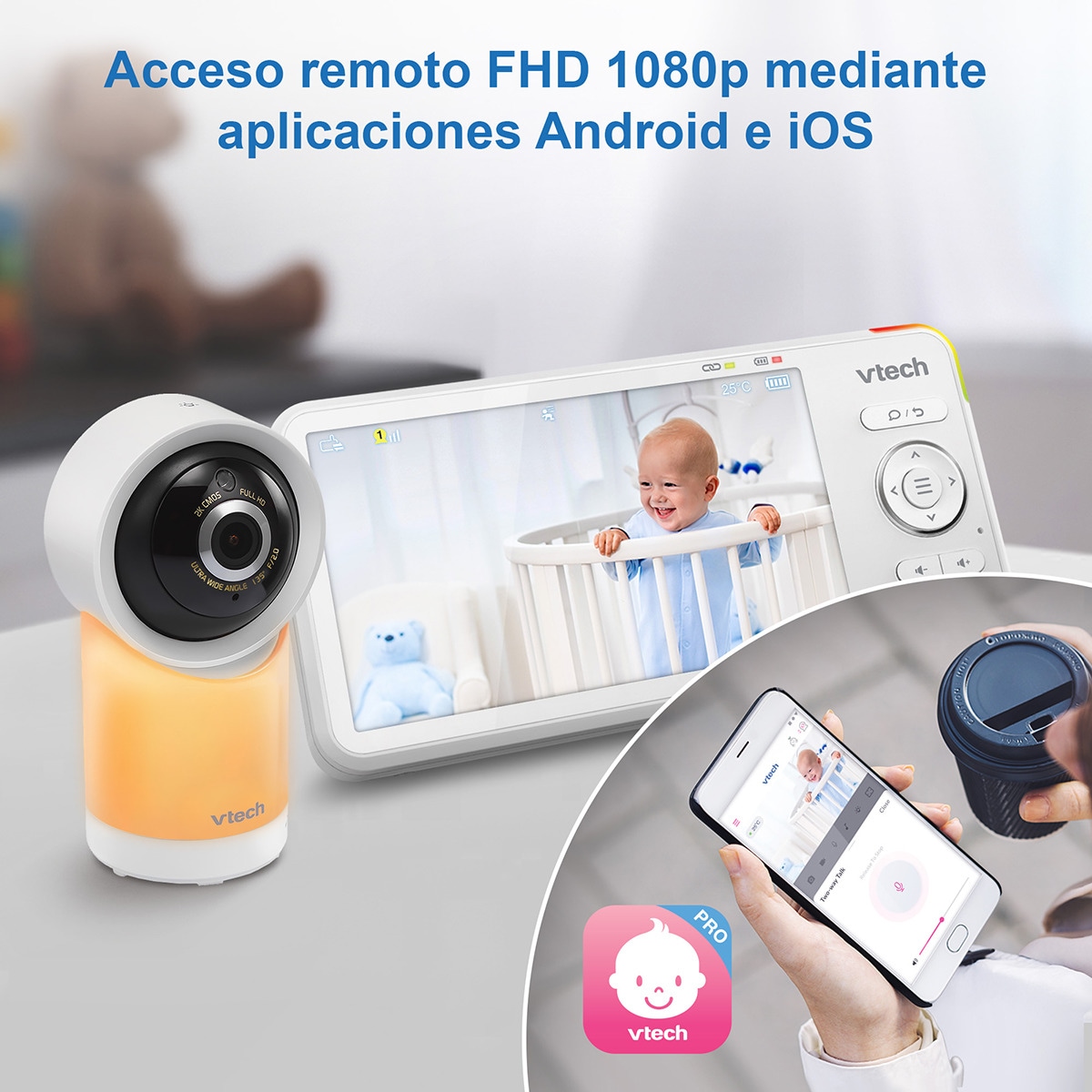 Vigilabebés VTECH WIFI conectado con pantalla Full HD de 5" con control a través de la APP gratuita. Blanco-6
