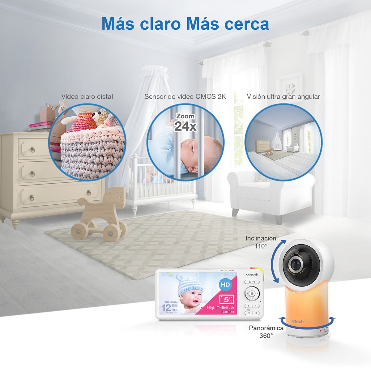 Vigilabebés VTECH WIFI conectado con pantalla Full HD de 5" con control a través de la APP gratuita. Blanco-5