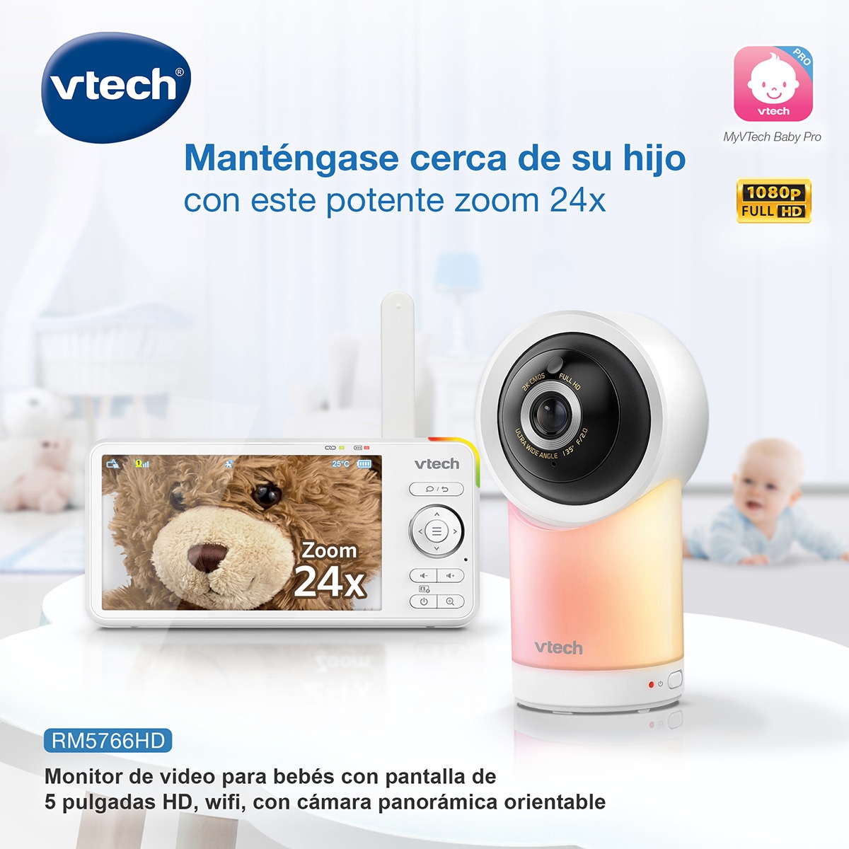 Vigilabebés VTECH WIFI conectado con pantalla Full HD de 5" con control a través de la APP gratuita. Blanco-4