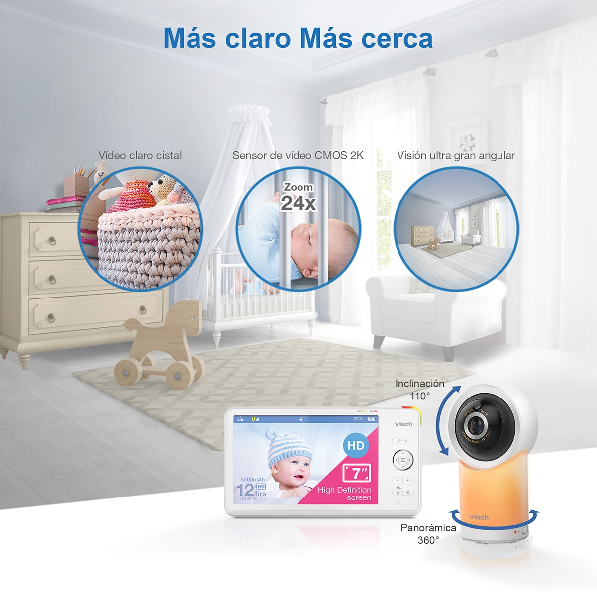 Vigilabebés VTECH WIFI conectado con pantalla Full HD de 7" con control a través de la APP gratuita. Blanco-8