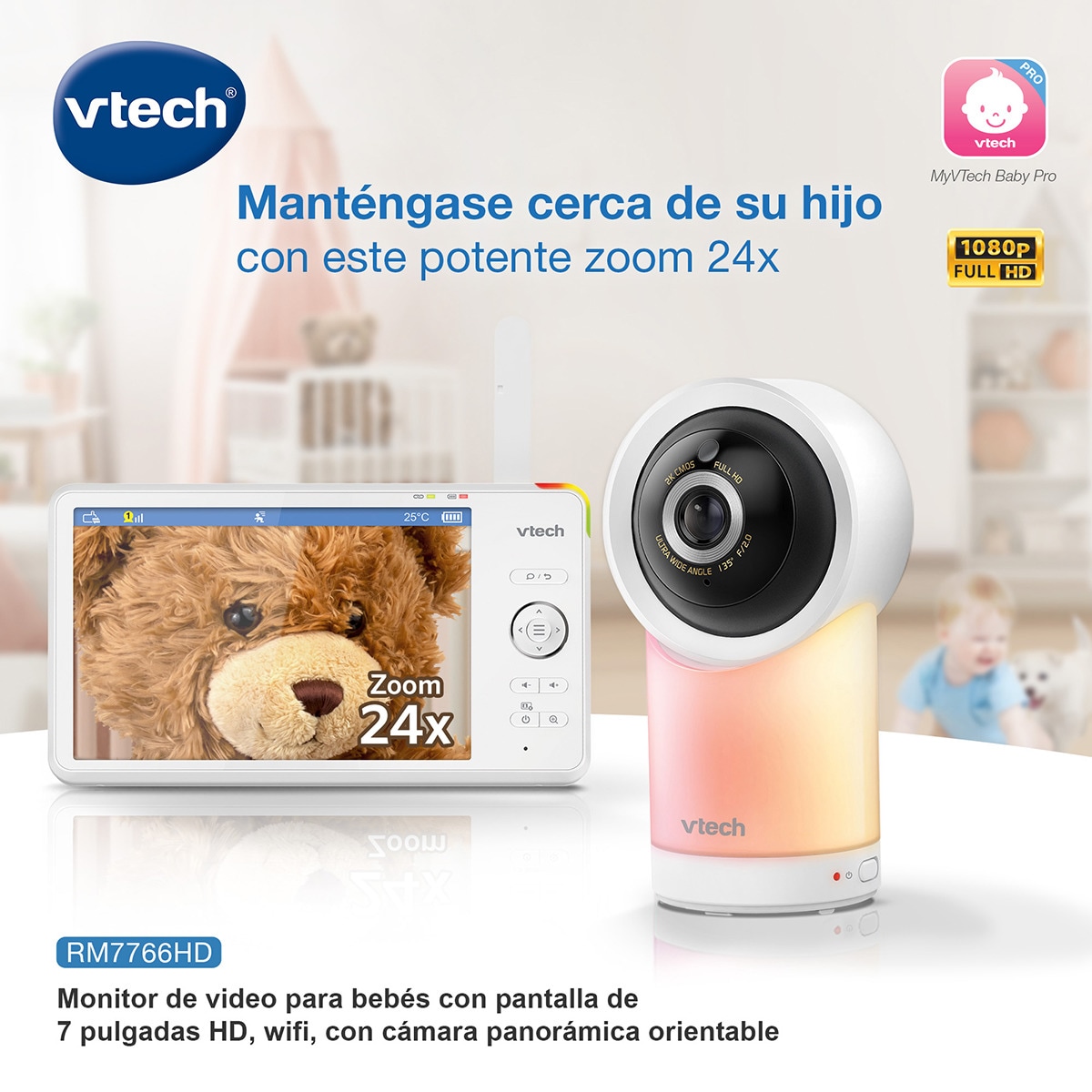 Vigilabebés VTECH WIFI conectado con pantalla Full HD de 7" con control a través de la APP gratuita. Blanco-7