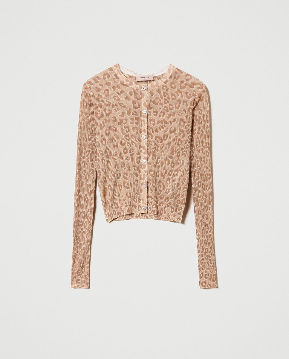 Cardigan Curto com Animal Print Bege-5