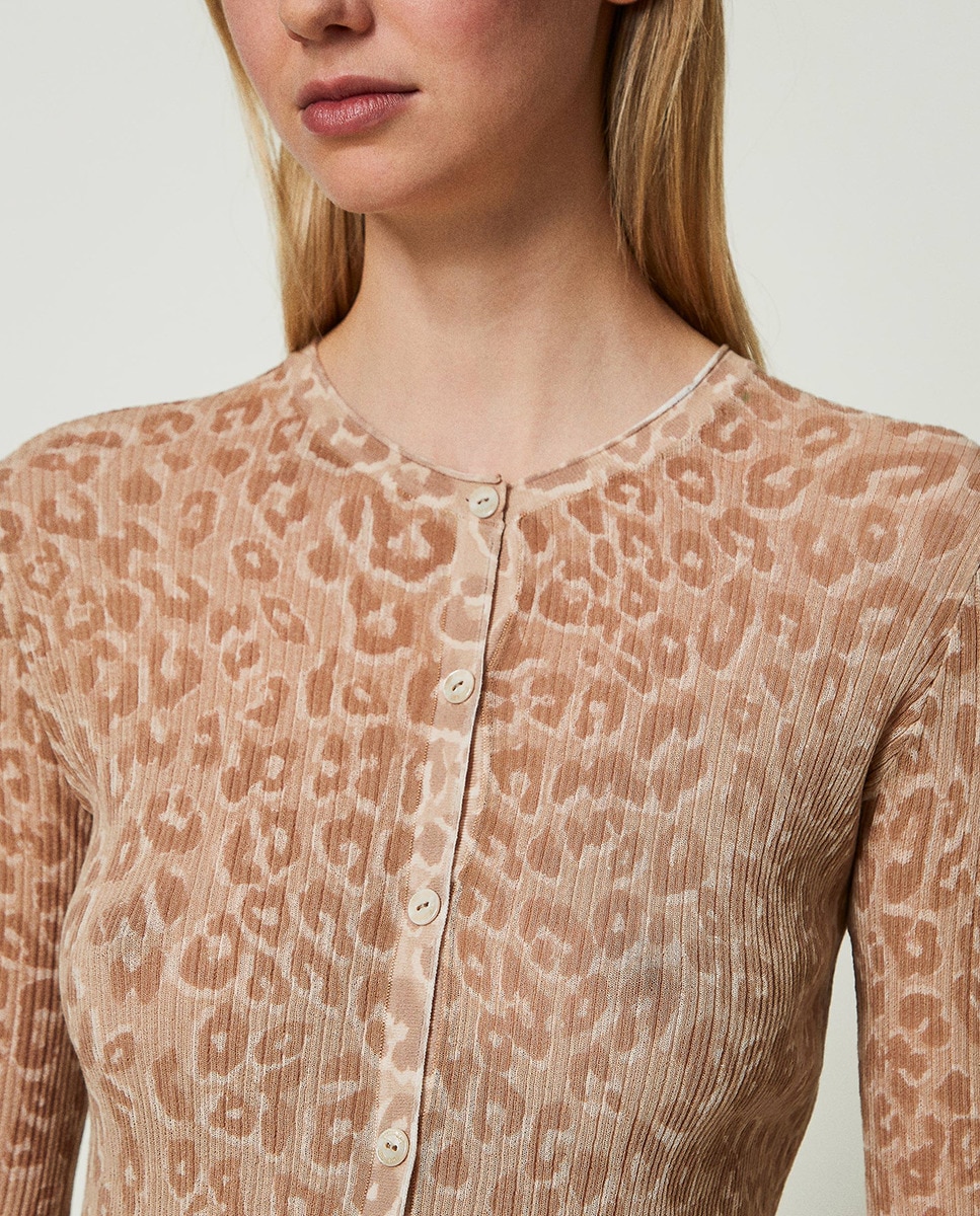 Cardigan Curto com Animal Print Bege-4