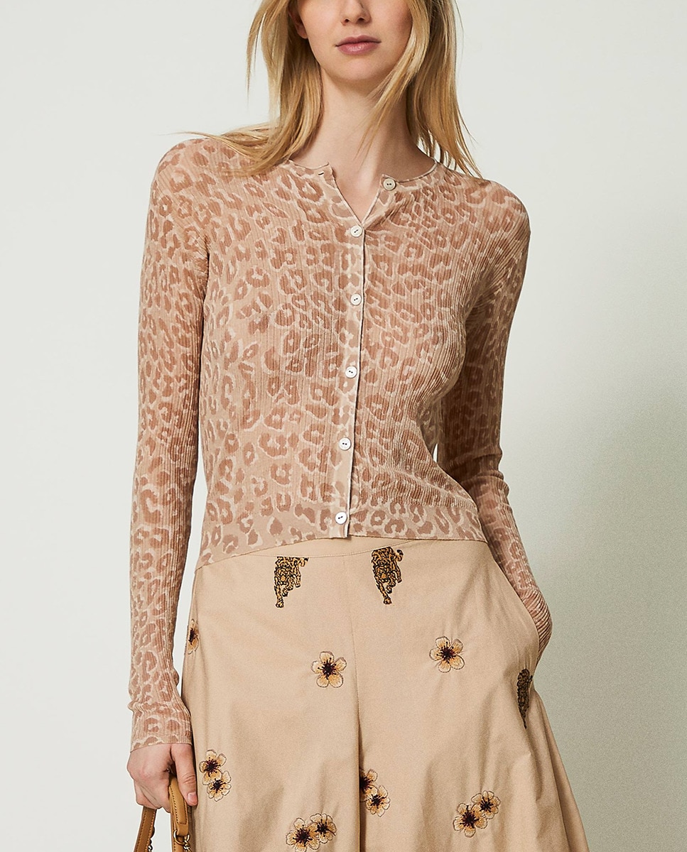 Cardigan Curto com Animal Print Bege-1