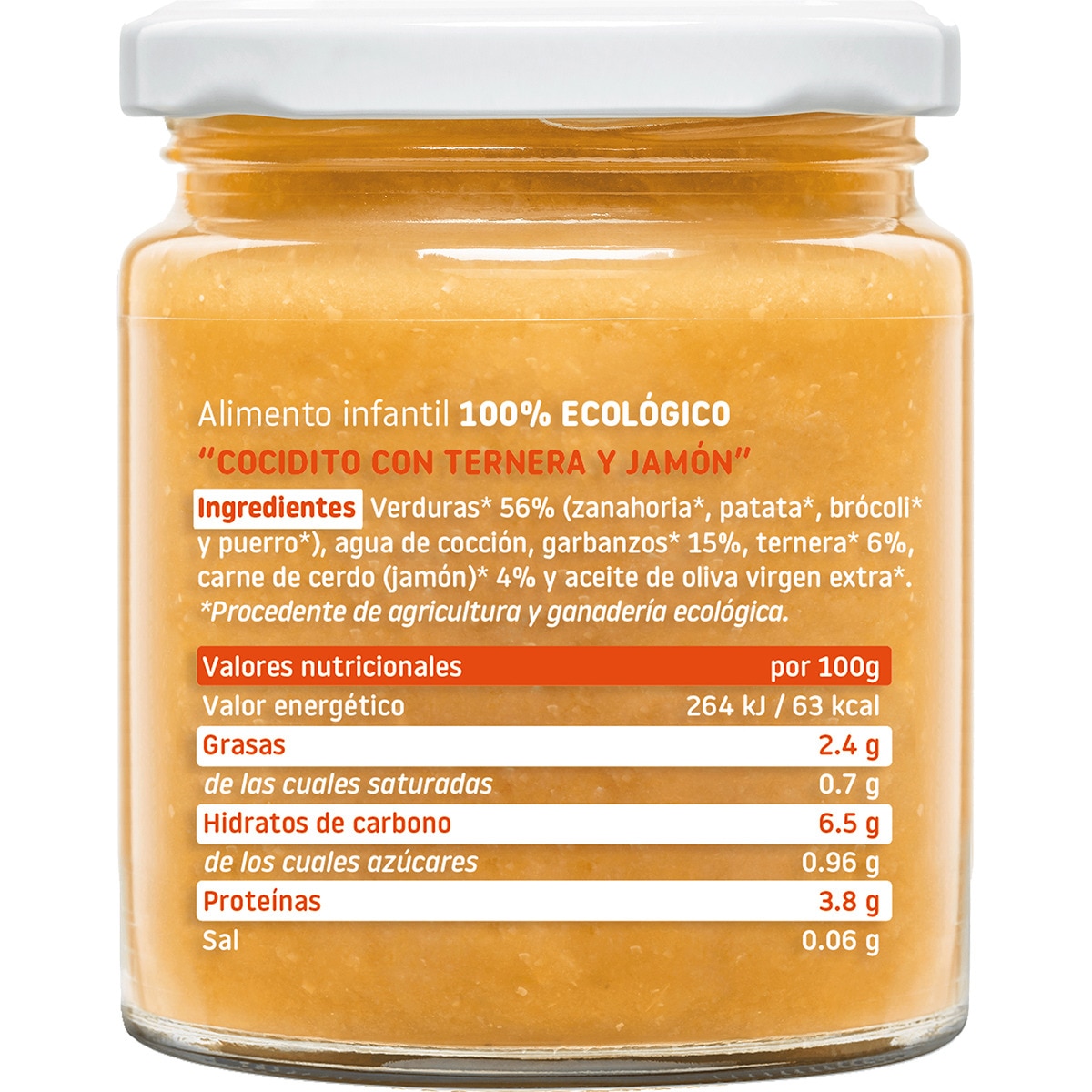 tarrito de cocidito con jamón y ternera 100% ecológico sin gluten desde 6 meses envase 230 g
