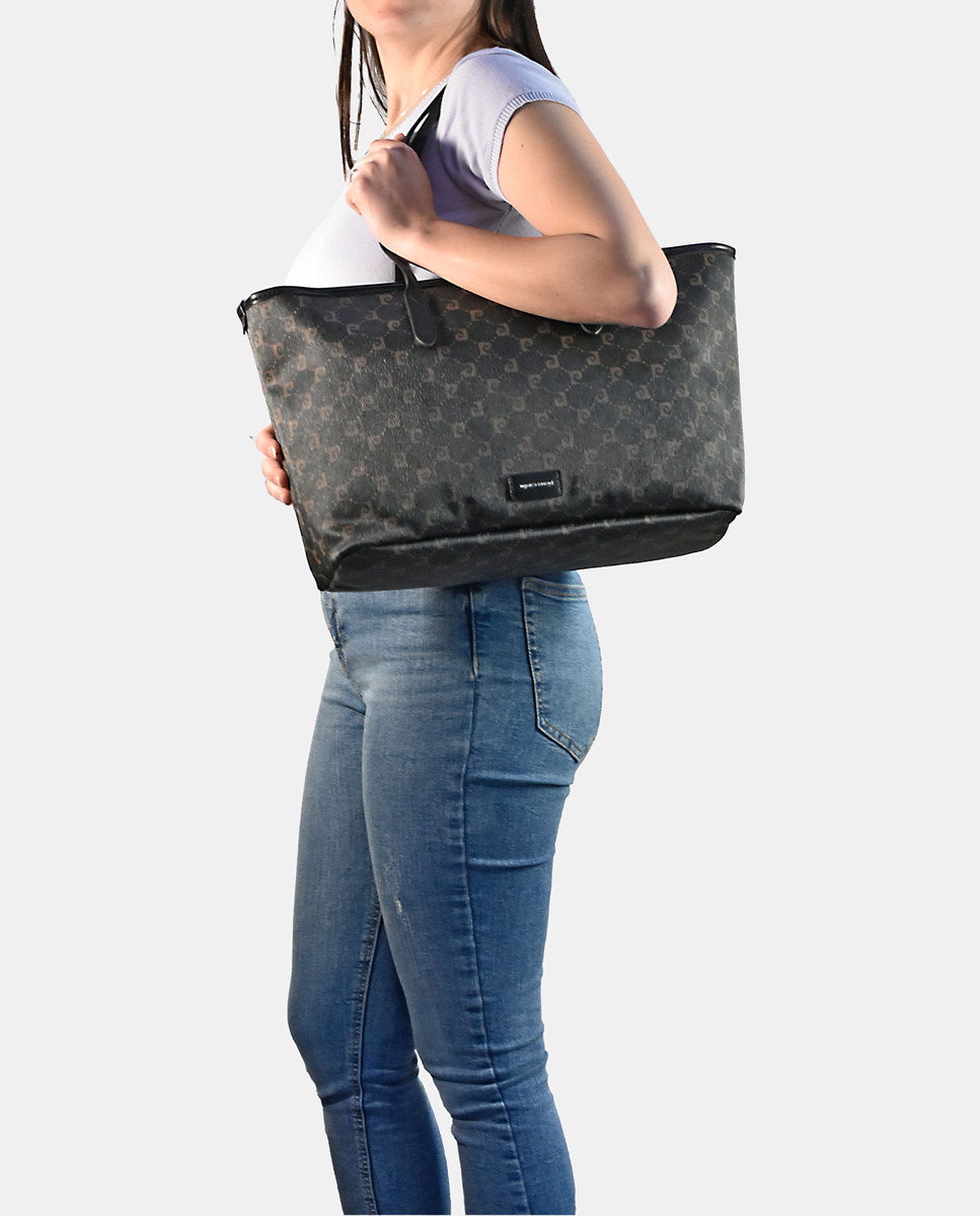 Mala Shopper com Alça Dupla e em Pele e Lona - Preto Preto-2