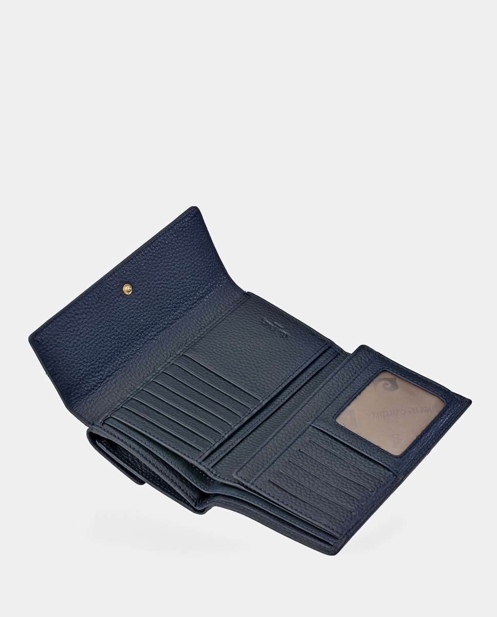 Porta-Moedas Grande em Pele com Secção para Notas e Aba Azul-6