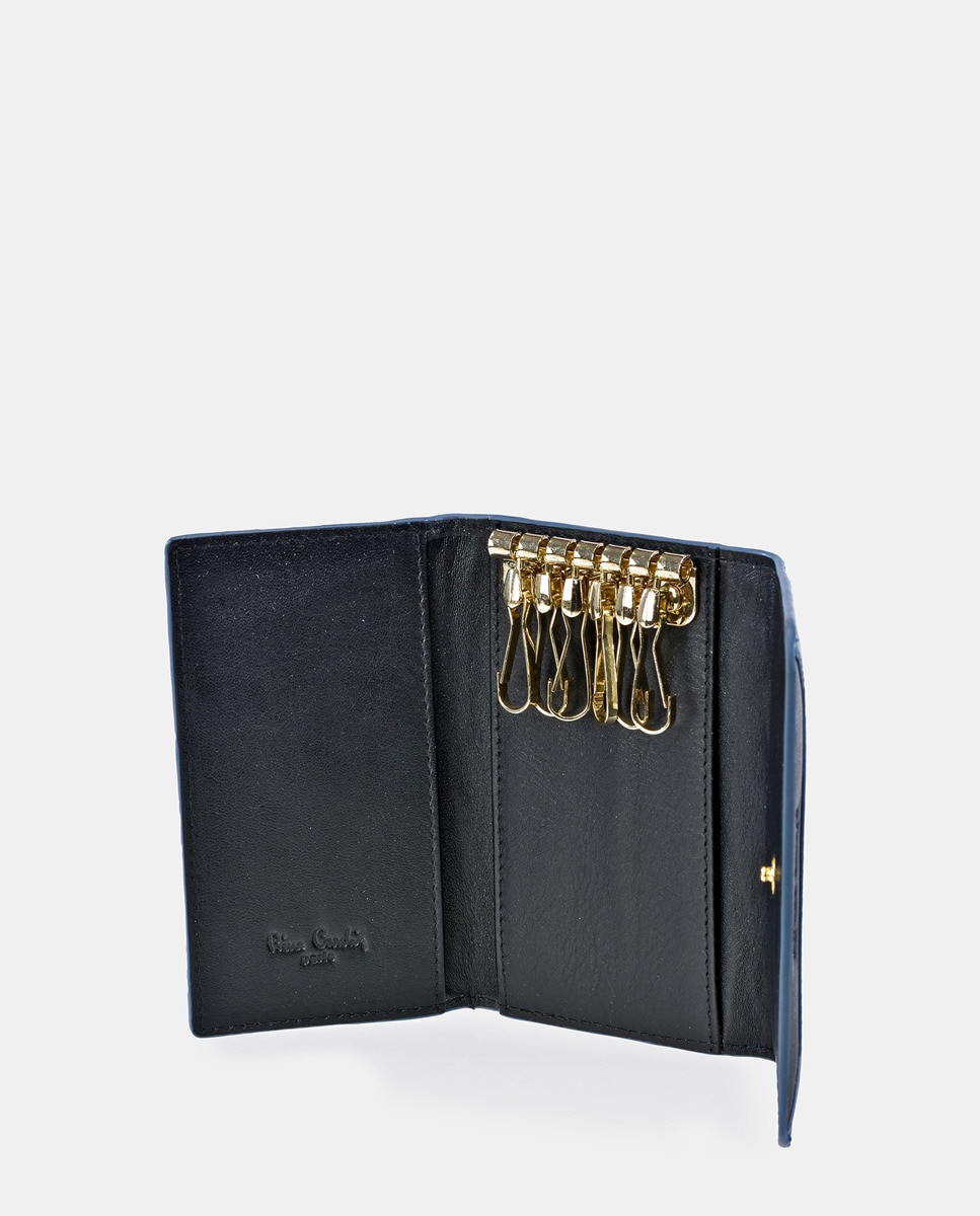 Porta-Chaves com Pespontos e em Pele Preto-4