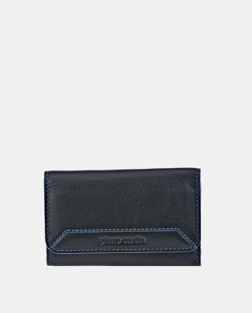 Porta-Chaves com Pespontos e em Pele Preto-1