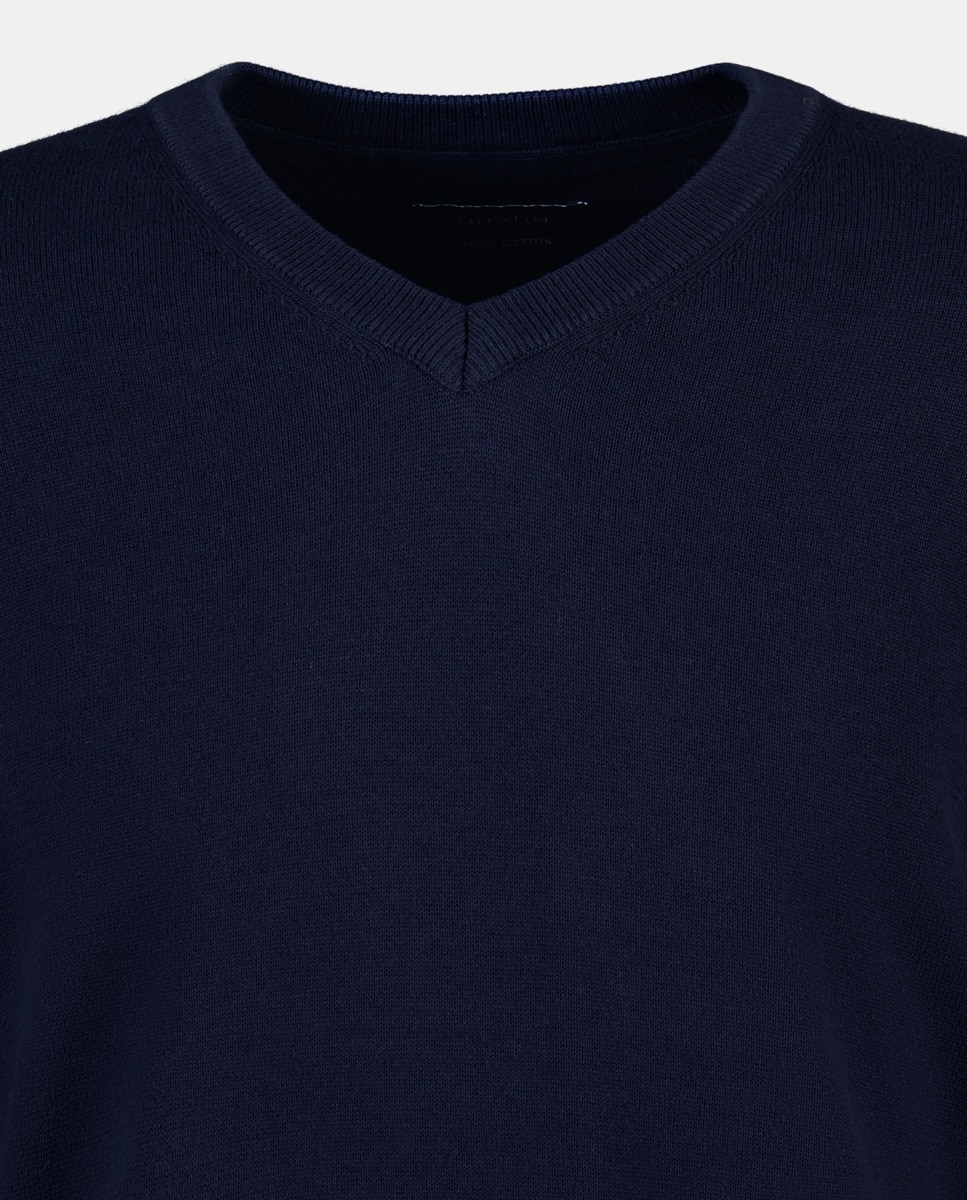 Camisola de Algodão com Gola em Bico Azul-marinho-5