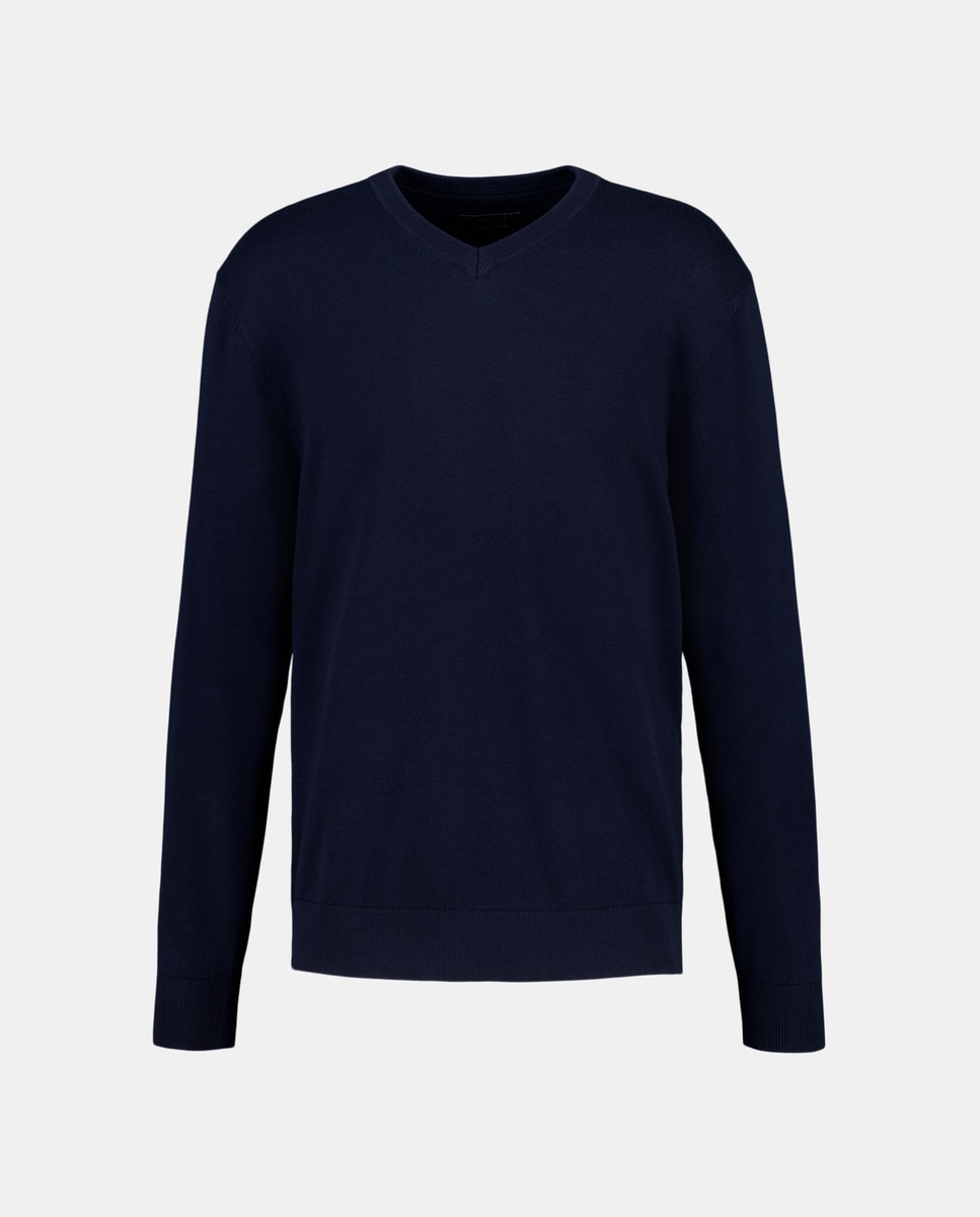 Camisola de Algodão com Gola em Bico Azul-marinho-4