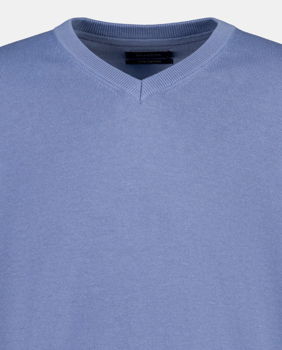 Camisola de Algodão com Gola em Bico Azul-5