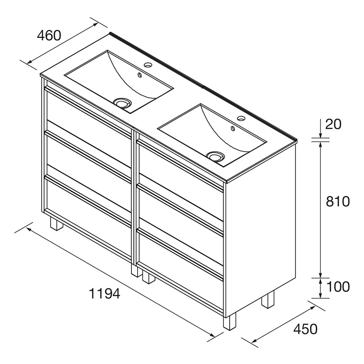 Mueble de baño a suelo con 6 cajones, patas y lavabo Attila Salgar Natural-4
