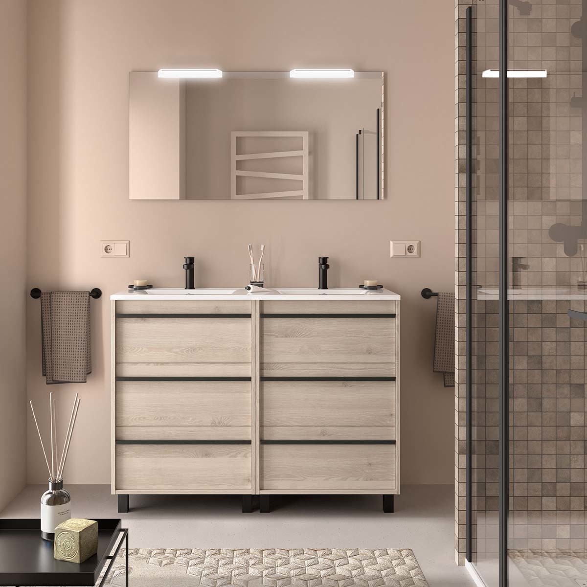 Mueble de baño a suelo con 6 cajones, patas y lavabo Attila Salgar Natural-3