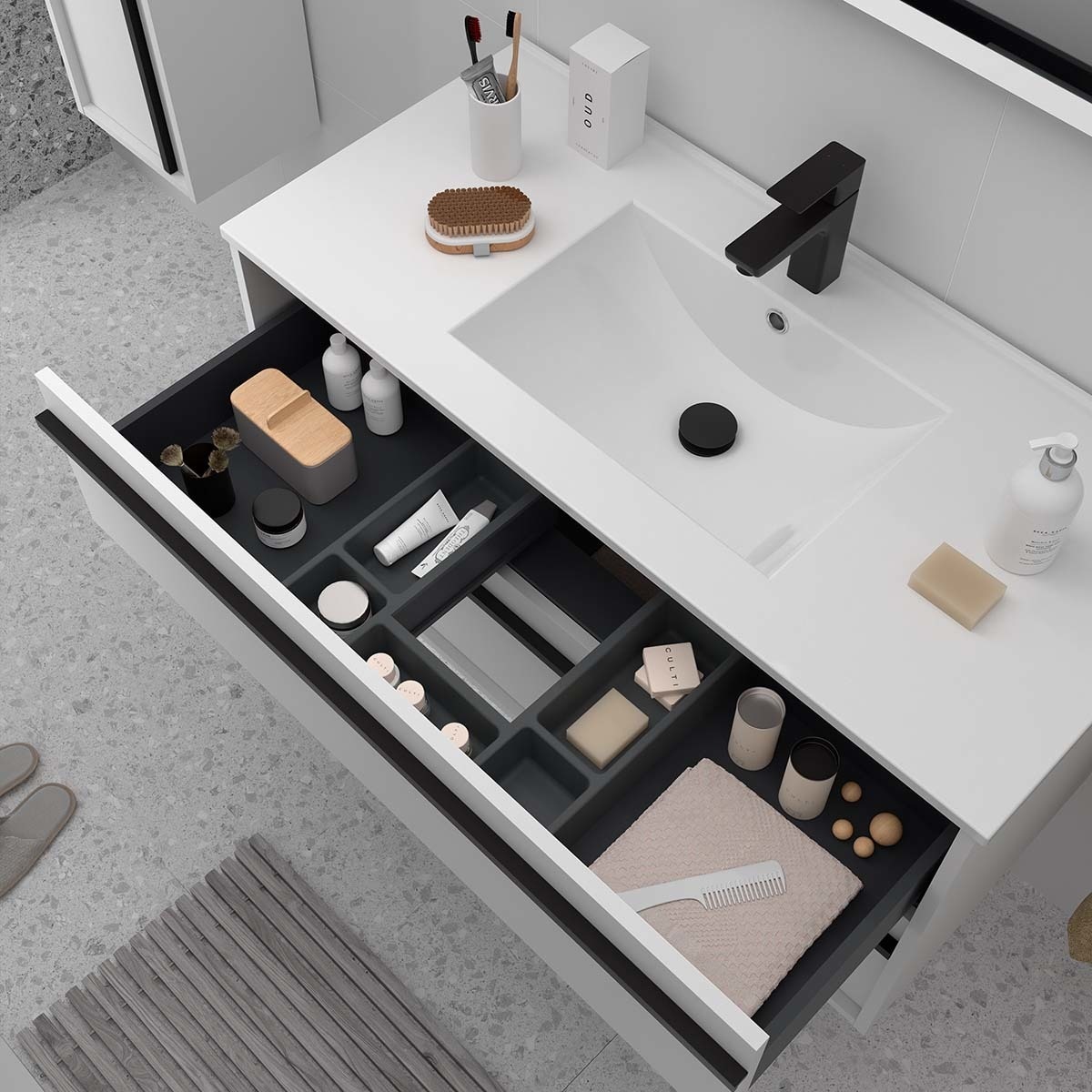 Mueble de baño a suelo con 6 cajones, patas y lavabo Attila Salgar Natural-2