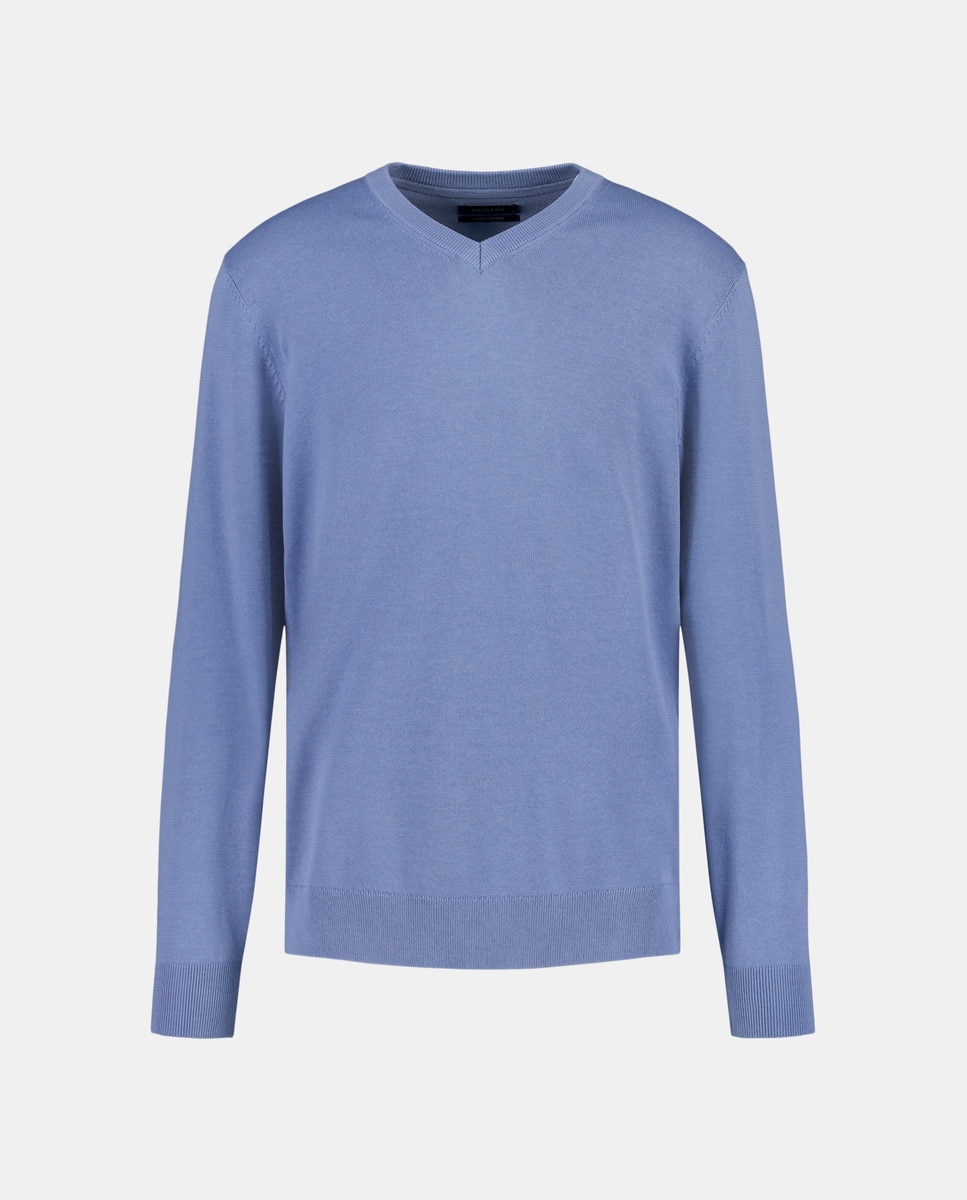 Camisola de Algodão com Gola em Bico Azul-4