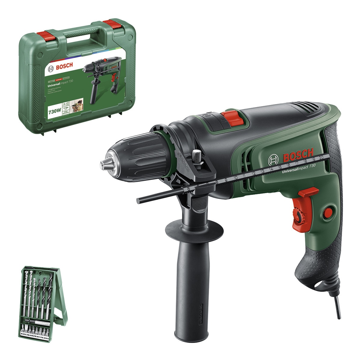 Taladro Percutor Eléctrico con cable a red Universal Impact 730 W + Juego Accesorios 15 pzs X-Line Verde / Negro-2