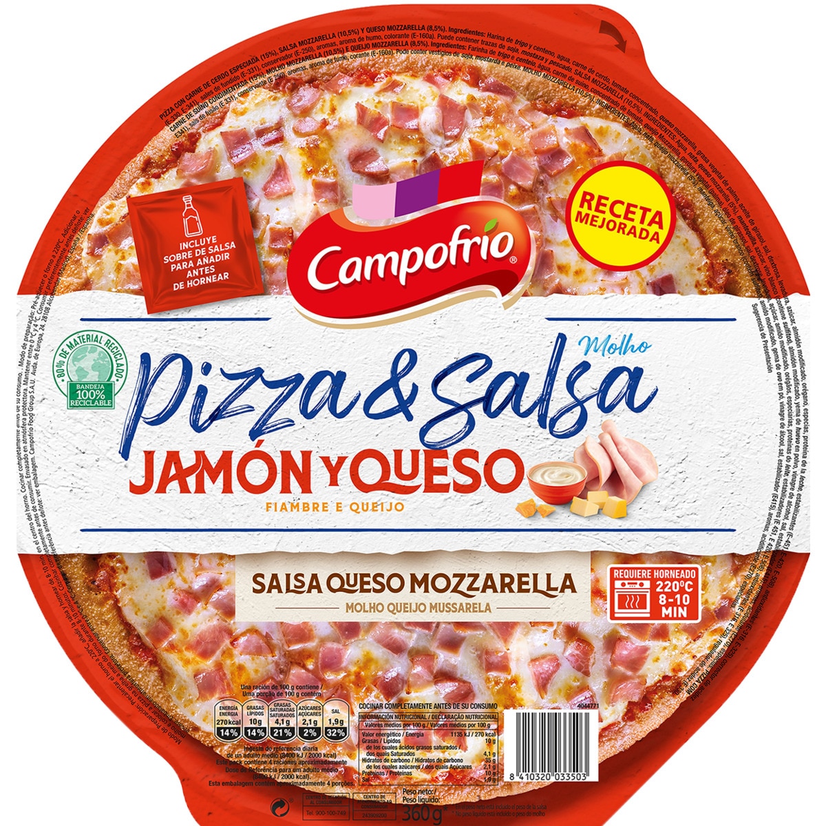Pizza & Salsa Fiambre e Queijo embalagem 360 g